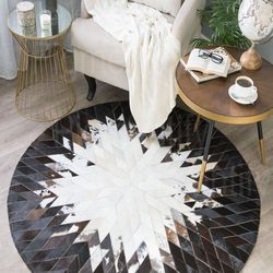 handmade round patchwork cowhide area rug |real cowhide runner |leather cowhide carpet geometric runner