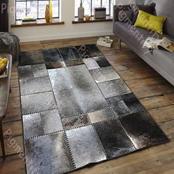 Leather Cowhide Rectangular Rugs Hallway Runner | Patchwork Rug Hair On Leather | Rug for Living room Decor