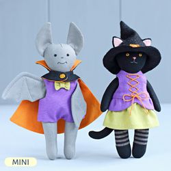 2 PDF Mini Halloween Cat Doll and Mini Halloween Bat Doll Sewing Patterns Bundle