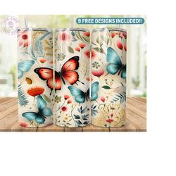 20 oz skinny straight sublimation design butterfly png for 20oz skinny tumbler, floral png wrap, flower design watercolo
