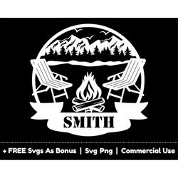 camping custom family name svg png files, camper t shirt design svg, happy campers svg, fire svg, round svg, mountains,