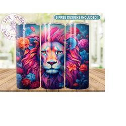 3d colorful floral lion sublimation skinny tumbler wrap, skinny 20oz design, jungle wrap, lion sublimation png,