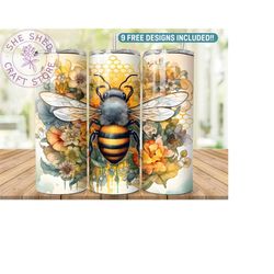 watercolor honey bee with honey combs and sunflowers tumbler wrap png tumbler design sublimation designs downloads - ski
