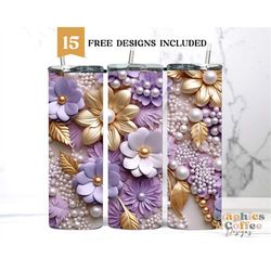 3D Lilac Gold Flowers and Pearls 20oz Sublimation Skinny Tumbler Designs, Straight Skinny Tumbler Wrap Instant Download