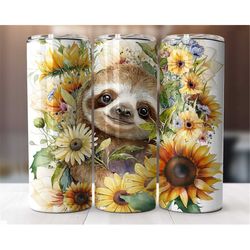 Cute Sloth Floral Sunflowers 20 oz Tumbler Wrap