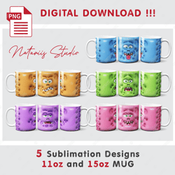 5 Funny 3D Inflated Puffy Monster Patterns - 11oz 15oz MUG - Sublimation Mug Wrap