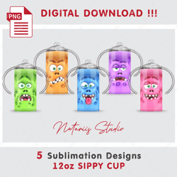 5 Funny 3D Inflated Puffy Monsters - Seamless Sublimation Designs - 12oz SIPPY CUP - Full Cup Wrap