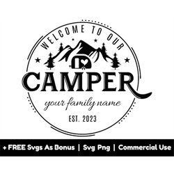welcome to our camper svg png files, custom family name framed svg, camping svg, adventure svg, family camping svg, natu