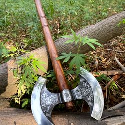 handmade medieval viking axe, hand forged double head axe carbon steel, double head axe with rosewood handle, personaliz