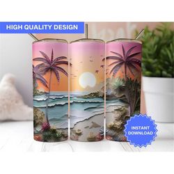 3D Beach Tumbler Wrap 3D Beach Mountain View Sunset Quilling 20 oz Skinny Tumbler Sublimation Design Tumbler Wrap Instan