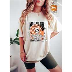 funny halloween shirt, skeleton halloween tee, coffee fall shirt, women fall graphic top with pumpkin spice latte drink