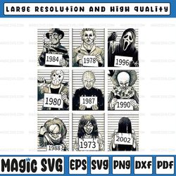 horror movies characters mugshot png, halloween characters, horror villains, horror movies, halloween png, spooky png, 8