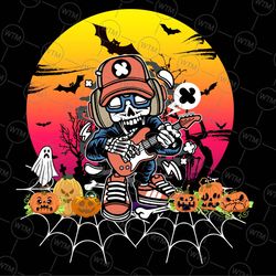 halloween skeleton playing guitar png, skeleton pumpkin png, halloween png, guitar lover png, skeleton png