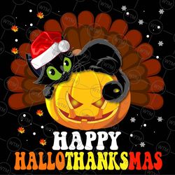 happy hallothanksmas black cat png, halloween thanksgiving christmas lover santa pumpkin turkey png