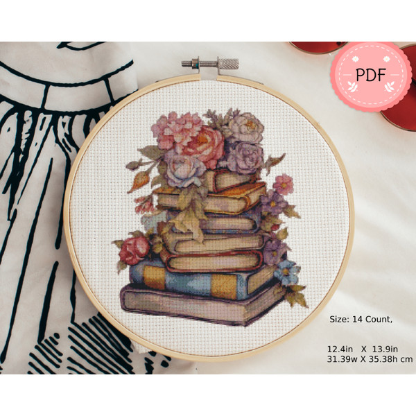 Cross Stitch Pattern, Books And Flowes 2, Pdf Instant Downlo - Inspire  Uplift