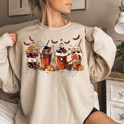 halloween horror movies coffee cups sweatshirt, skeleton coffee cups sweatshirt, skeleton halloween comfort color, coffe