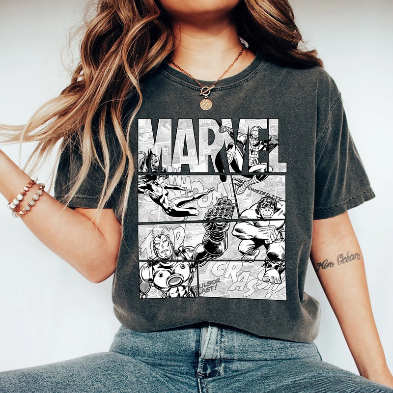 Retro Marvel Avengers Black and White Comic Graphic Comfort Color Shirt, Vintage Marvel Comic Tee, Marvel Superhero Shirt, MCU Fans Gift Tee - 1.jpg