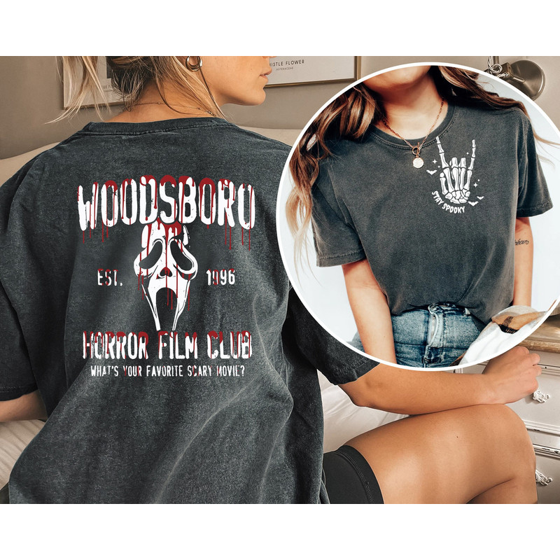 Two Sided Woodsboro Horror Film Club Comfort Color Shirt, Horror Film Club Sweatshirt, Woodsboro Scream, Scream Ghost Shirt, Stay Spooky Tee - 1.jpg