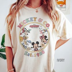 vintage disney mickey & co est 1928 comfort color shirt, retro mickey and friends group, disneyland shirt, disney family