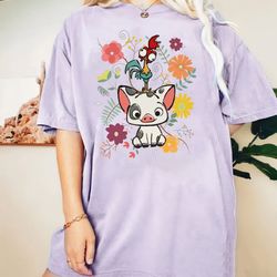 vintage disney moana 70s style floral pua and hei hei comfort color shirt, disney moana movie t-shirt, walt disneyworld,