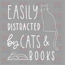 easily distracted by cats and books png instant download, white cat on books digital print art, png for sublimation, gif