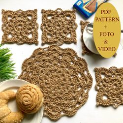 Crocheted Boho Style Coasters PDF Pattern for Trendy Table Decor Eco Friendly Jute Drink Coasters Farmhouse decor