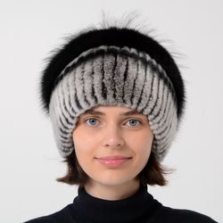 Fur Beanie Women's Hat From Real Rabbit Fur And Arctic Fox Pompom With Silver Fox Decoration. Lady's Beanie Hat, Rabbit
