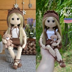 Crochet doll pattern amigurumi, cute crochet doll clothes with mini bear ENG pdf