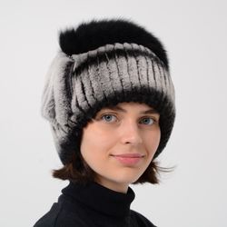 Women's  Fur Hat Beanie Real Rabbit Fur And Arctic Fox Pompom With Silver Fox Decoration