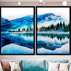 foggy mountain forest original canvas painting set 2 pieces, landscape wall art print nature poster, modern decor