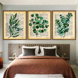 Blue Eucalyptus Floral Botanical Art Print On Book Dictionary Old Page Poster Set 2 Canvas Art, Vintage Office Home