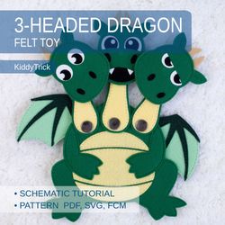 three headed dragon felt sewing pattern, clasp felt toy pdf tutorial