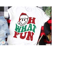 Christmas Smile Face SVG, PNG, Retro Wavy Text, Oh What Fun, Santa Claus Hat, Cricut Svg Cut File, Sweatshirt, Png Shirt