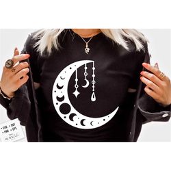 boho moon svg,  crescent moon svg, magic illustration svg, witchcraft svg, boho svg, magic illustration svg, witchy vibe