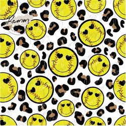 seamless softball pattern, softball smiley face leopard png, sublimate download, digital paper, printable, animal print,