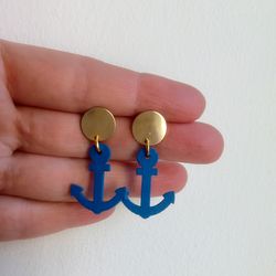Blue wooden anchor earrings Barbie inspired earrings Navy blue yacht anchor earrings Cosplay earrings Dark blue anch