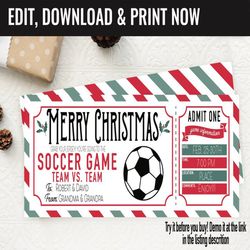 Christmas Surprise Soccer Game Ticket Gift Voucher, Soccer Game Printable Template Gift Card, Editable Instant Download