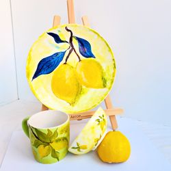 Set Of Porcelain Tableware Painting Original Handmade Lemon Room Decor Art