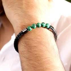 malachite gemstone bracelet, leather fashion wristband, black bracelet, men's beads bracelet, matt black clasp
