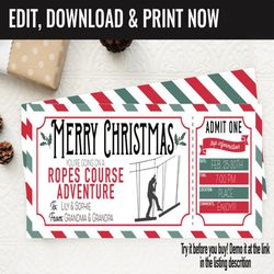 Christmas Surprise Ropes Course Adventure Gift Voucher, Ropes Course Trip Printable Template Gift Card, Editable