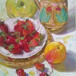 strawberry still life, fruits original oil painting, fine art tea cup