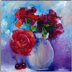 flower bouquet with cherry, oil paints, panel. still life flowers. cherries painting. interior painting.