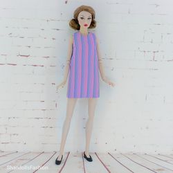 A-silhouette dress with purple stripes for Poppy Parker and Barbie regular
