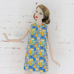 A-silhouette dress with yellow and blue squares for Poppy Parker and Barbie regular