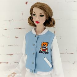 A baseball jacket with a bear for Poppy Parker.