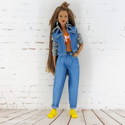 Denim suit with hood and jersey sleeves for Barbie Doll (Made to Move, BMR1959, Barbie Looks)