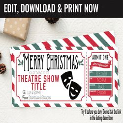 Christmas Theatre Play Musical Ticket Surprise Gift Voucher, Surprise Theatre Musical Printable Template Editable