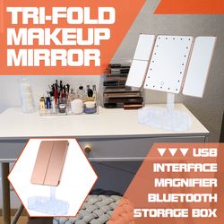 enhanced tri-fold vanity makeup mirror with 20 led lights | 10x magnification | folding & portable cosmetic mirror