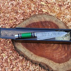 handcrafted wooden box 12"damascus chef knife custom home cooking kitchen, chef gift knive engraved unique pattern,