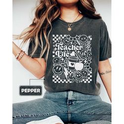 comfort colors retro teacher life shirt, teacher appreciation gifts, boho floral teacher shirt, last day of school shirt